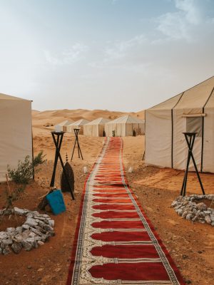Beautiful desert camp and carpet forming a corridor with tents in the background.
